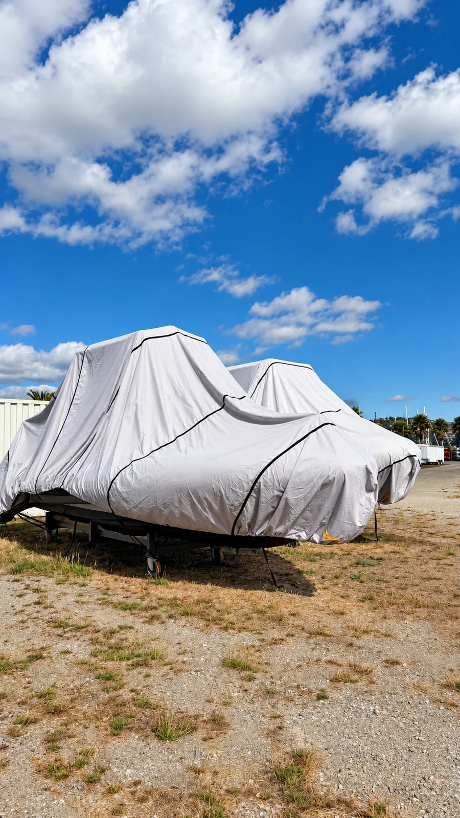 Covered boats lined up on trailers in the Marinship Industries storage yard