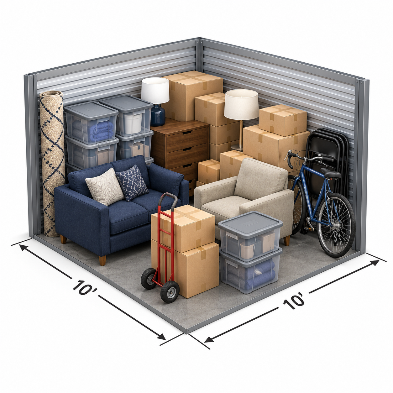 Dimension diagram of a 10 by 10 foot storage unit filled with household items