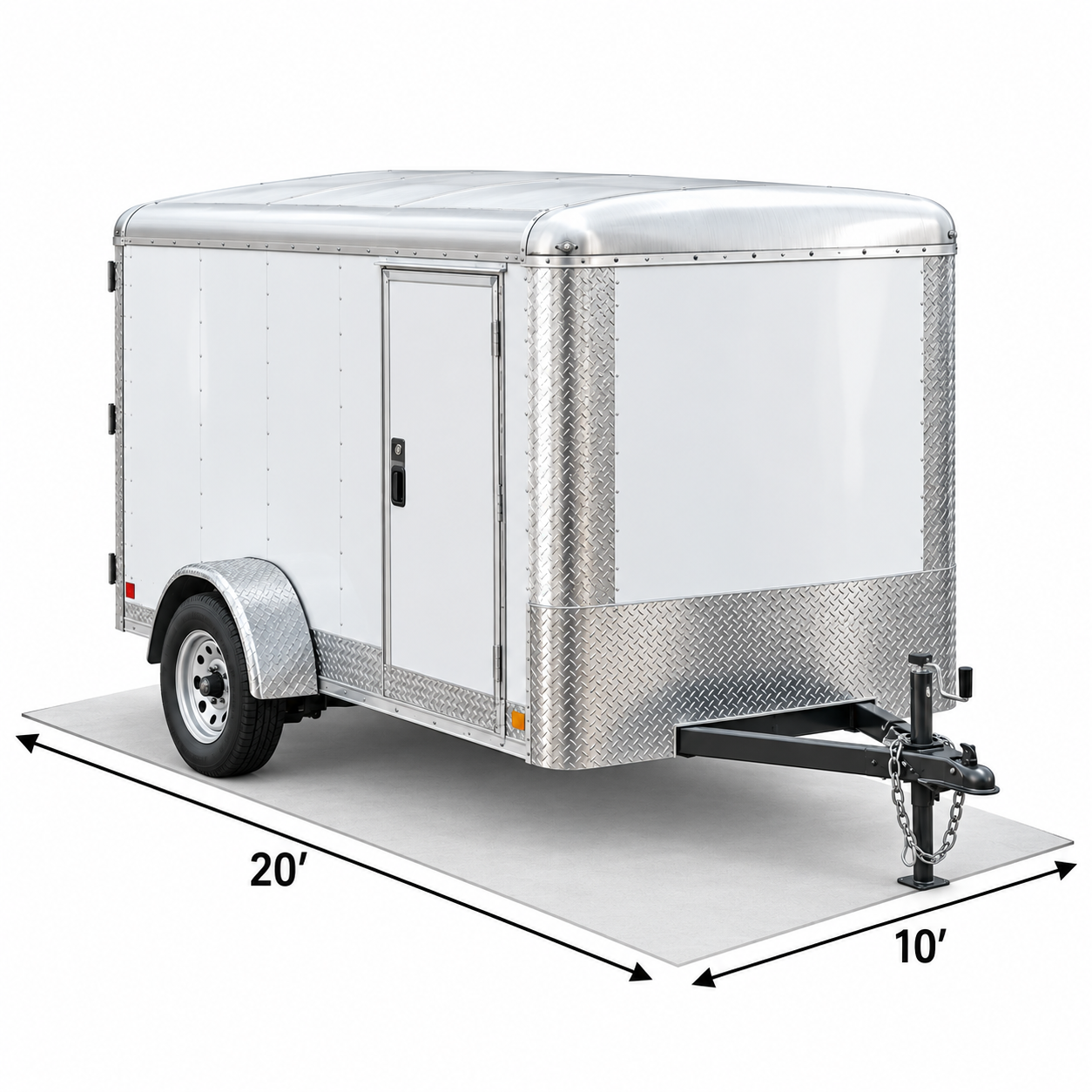 Dimension diagram of an enclosed trailer showing a trailer storage space footprint of 20 feet by 10 feet