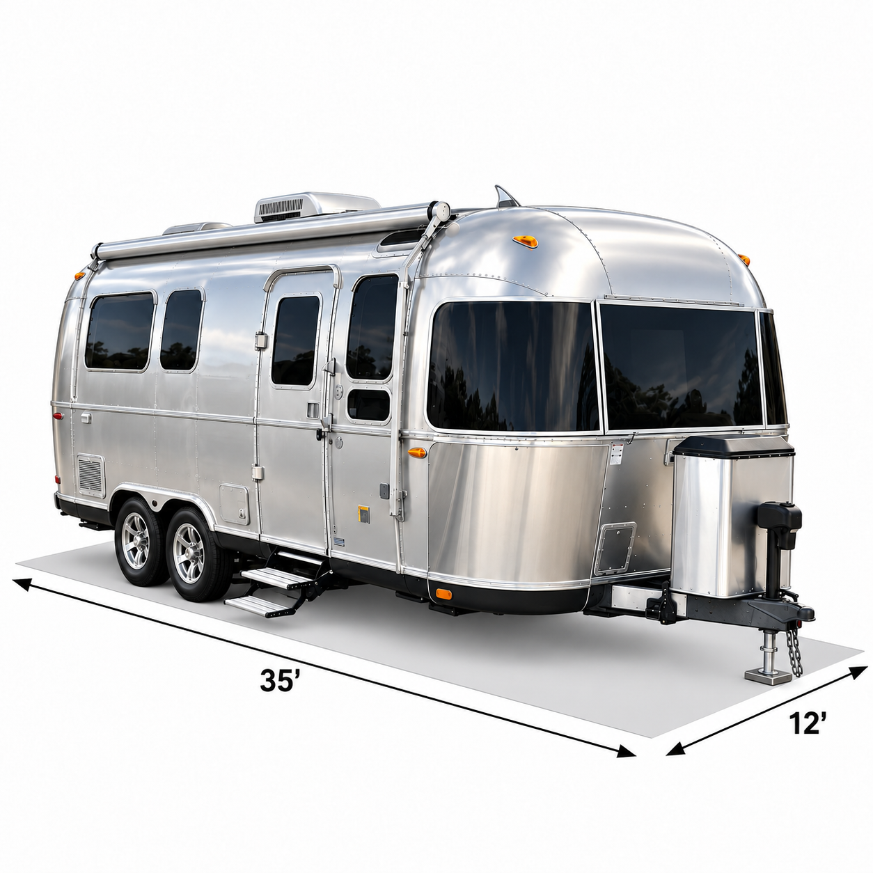 Dimension diagram of a travel trailer showing an RV storage space footprint of 35 feet by 12 feet